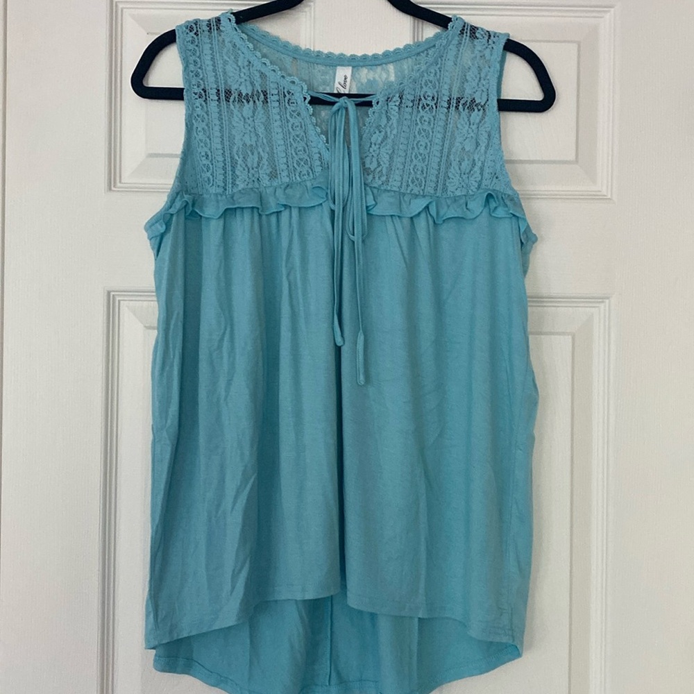 I Love soft teal, hi-low, lace top with tie tank top.